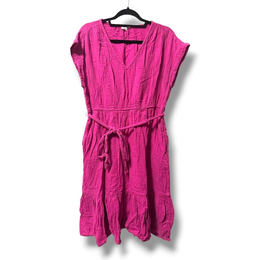 Gap Crinkle Gauze Tiered V-Neck Dress Cotton Pockets Fuschia Pink L - Picture 2 of 11